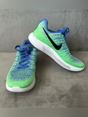 Nike Women’s Sz 7.5 Lunarepic Low Flyknit 2 Trainers in Neon Green, Blue & Black